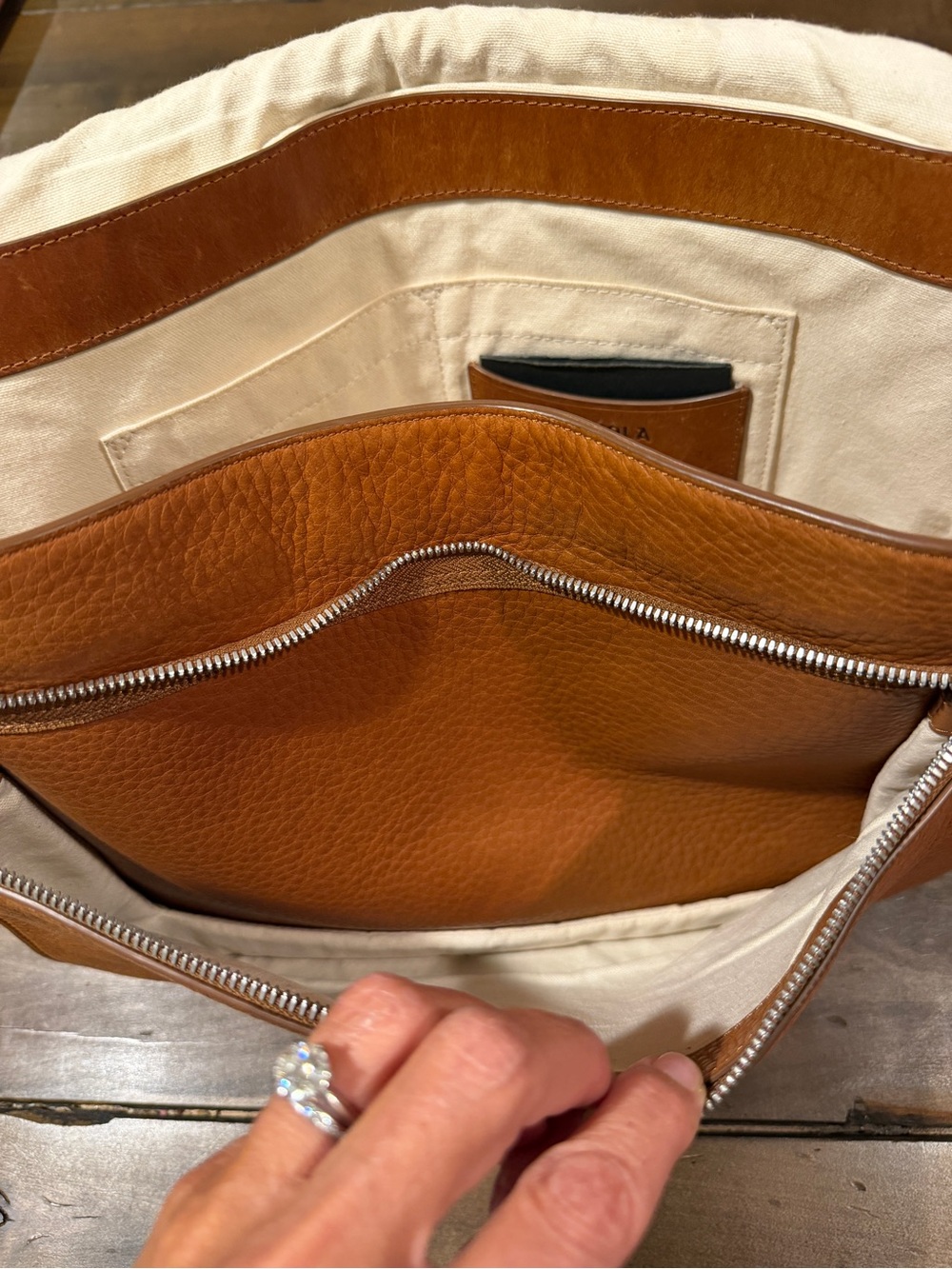 SHINOLA Tan Canfield Relaxed Leather Messenger Bag with Striped Shoulder Strap - Picture 7 of 11